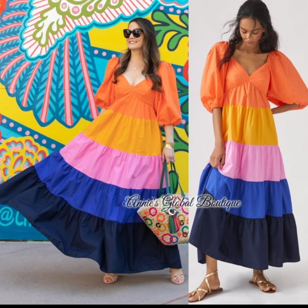New Farm Rio maxi hobo deep v neck puffy sleeves bright color block dress